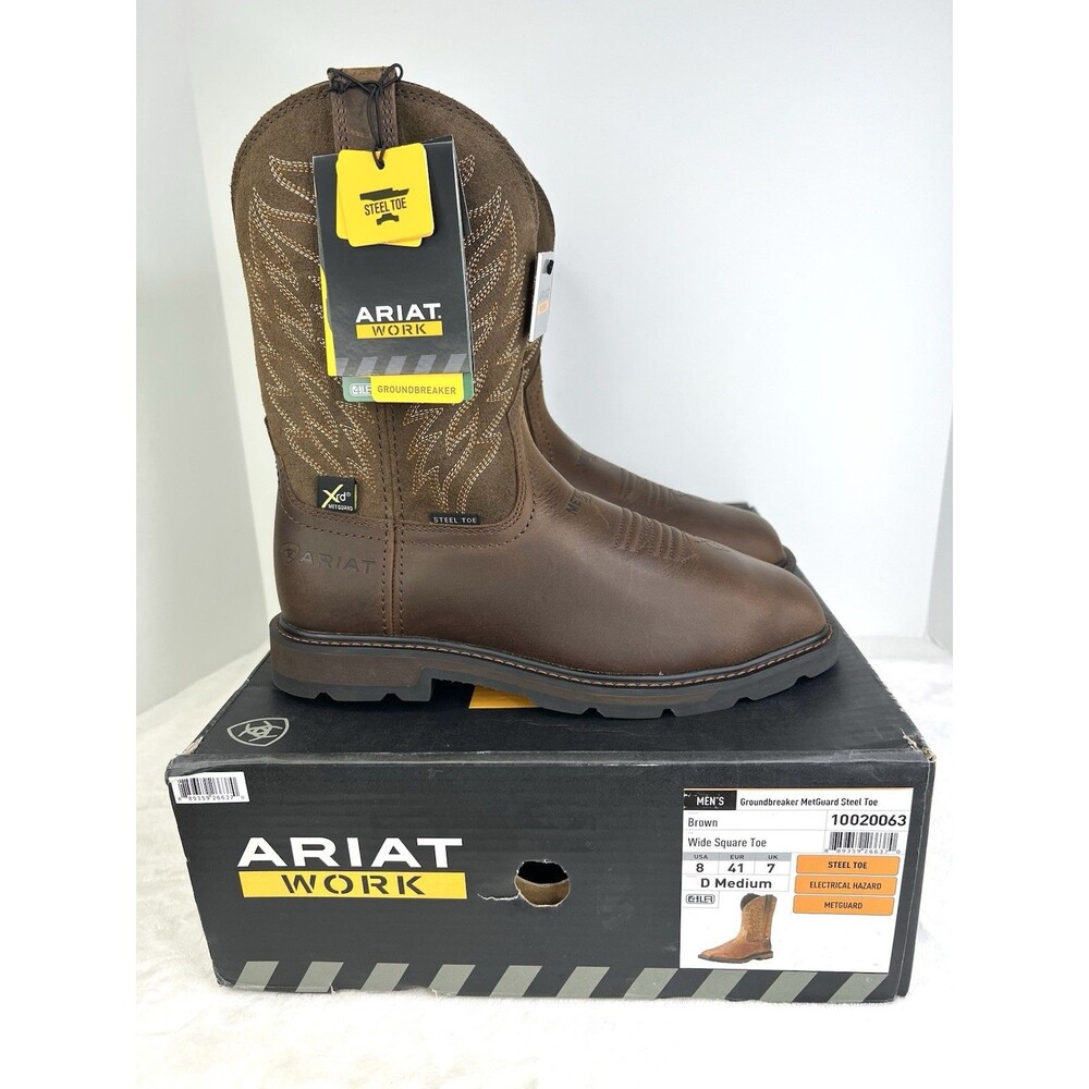 ARIAT Groundbreaker MetGuard Steel Toe Boots Wide Square Toe Mens 8 D Brown New